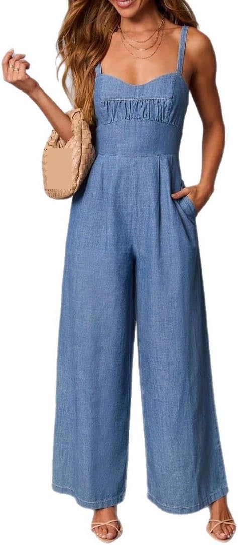 HENGEN 2026 European And American Women's Clothing Hot Item Solid Color Casual Shoulder Strap Pants Retro Style