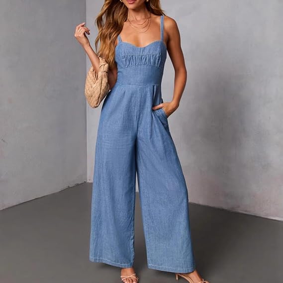 HENGEN 2026 European And American Women's Clothing Hot Item Solid Color Casual Shoulder Strap Pants Retro Style