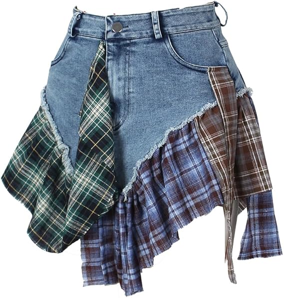 Gothic European and American Women's Clothing, Sexy Irregular Plaid Skirt, Design Sense Patchwork Denim Short Skirt