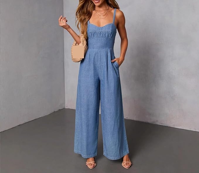 HENGEN 2026 European And American Women's Clothing Hot Item Solid Color Casual Shoulder Strap Pants Retro Style