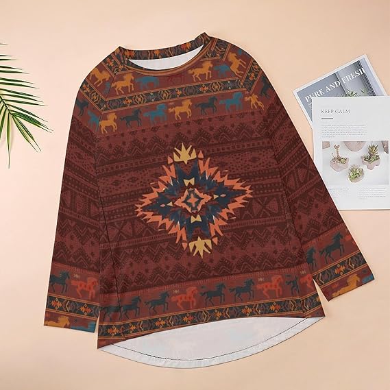Long Sleeve Tops for Women Retro Pullover Blouses Aztec T Shirts Vintage Western Ethnic Crewneck Fall Ladies Tops