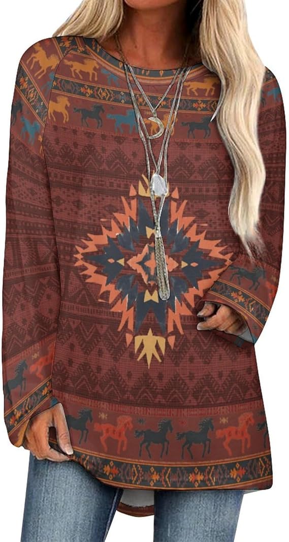 Long Sleeve Tops for Women Retro Pullover Blouses Aztec T Shirts Vintage Western Ethnic Crewneck Fall Ladies Tops