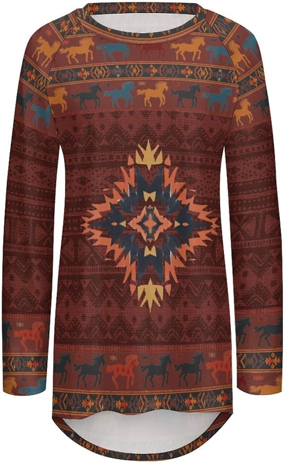 Long Sleeve Tops for Women Retro Pullover Blouses Aztec T Shirts Vintage Western Ethnic Crewneck Fall Ladies Tops