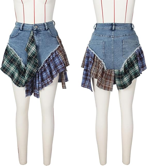Gothic European and American Women's Clothing, Sexy Irregular Plaid Skirt, Design Sense Patchwork Denim Short Skirt