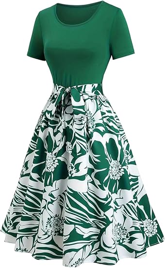 Women's Spring European and American Clothing A Round-Neck Dress with Floral Prints