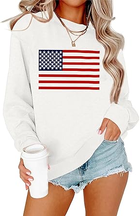 Lacozy Womens USA Sweatshirt Crewneck American Flag Sweater Long Sleeve 4th of july T shirts Loose Fit Pullover Tops Fall