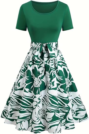 Women's Spring European and American Clothing A Round-Neck Dress with Floral Prints