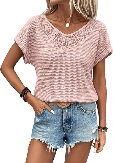 Dokotoo Womens Summer Boho Cute Tops for Women 2026 Fashion Clothing Spring Trendy Casual Shirts Waffle Knit Lace Blouses Short Sleeve Pullover Tunic Tops Women's Clothes Beach Vacation Cruise Pink