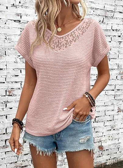 Dokotoo Womens Summer Boho Cute Tops for Women 2026 Fashion Clothing Spring Trendy Casual Shirts Waffle Knit Lace Blouses Short Sleeve Pullover Tunic Tops Women's Clothes Beach Vacation Cruise Pink