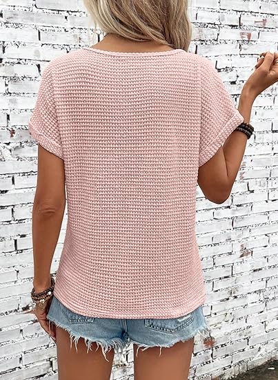 Dokotoo Womens Summer Boho Cute Tops for Women 2026 Fashion Clothing Spring Trendy Casual Shirts Waffle Knit Lace Blouses Short Sleeve Pullover Tunic Tops Women's Clothes Beach Vacation Cruise Pink