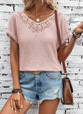 Dokotoo Womens Summer Boho Cute Tops for Women 2026 Fashion Clothing Spring Trendy Casual Shirts Waffle Knit Lace Blouses Short Sleeve Pullover Tunic Tops Women's Clothes Beach Vacation Cruise Pink